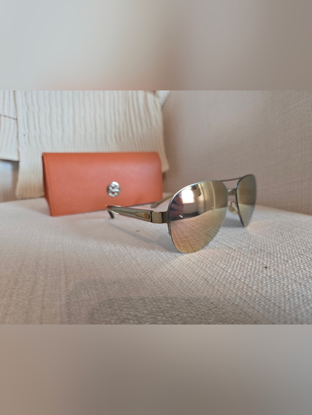 Tory Burch Aviator Sunglasses TY 6048 3146R5 Satin Gold Green Frame Mirror Lense